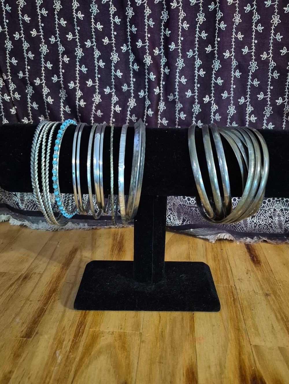 Stackable Silver Tone and Turquoise Bangle Set